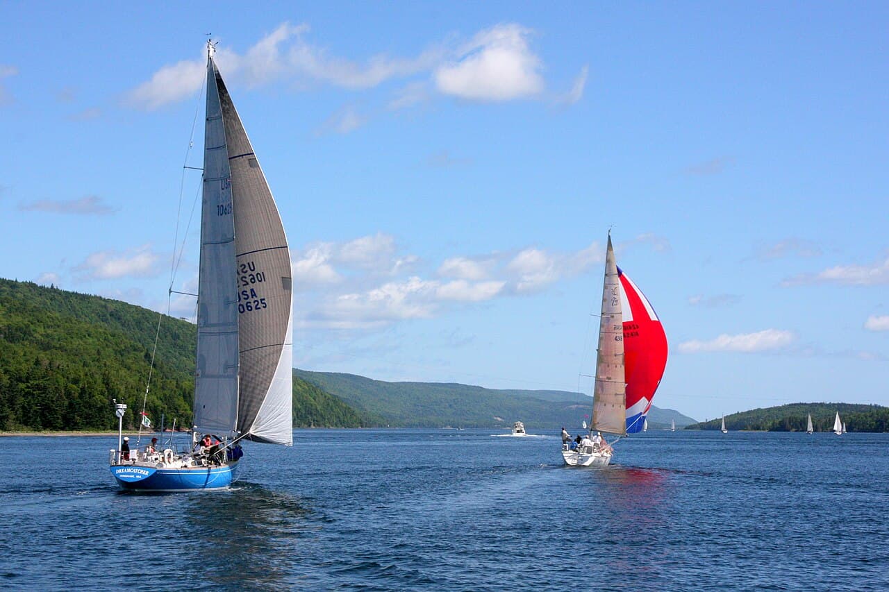 Veleiros em regata com spinnaker vermelho icado